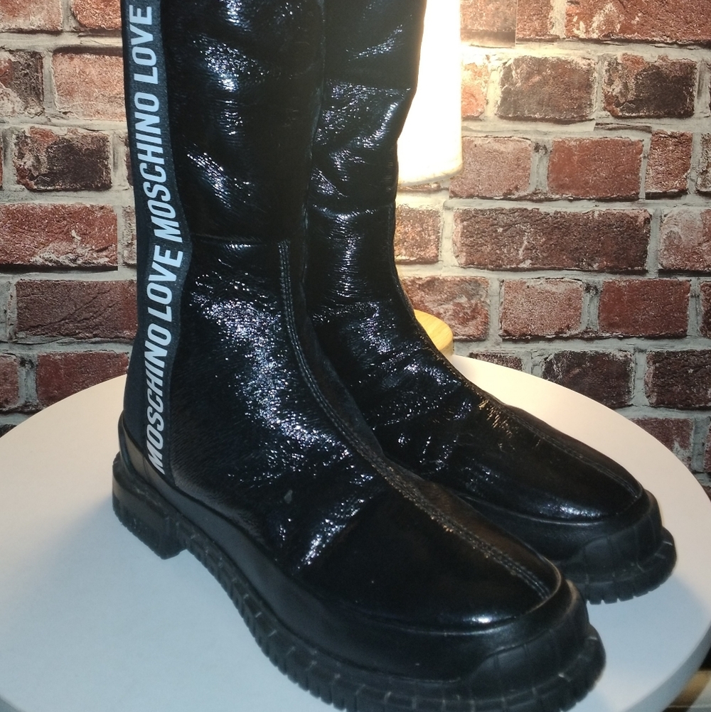 Love Moschino Black Patent Leather and Shearling Knee-High Boots